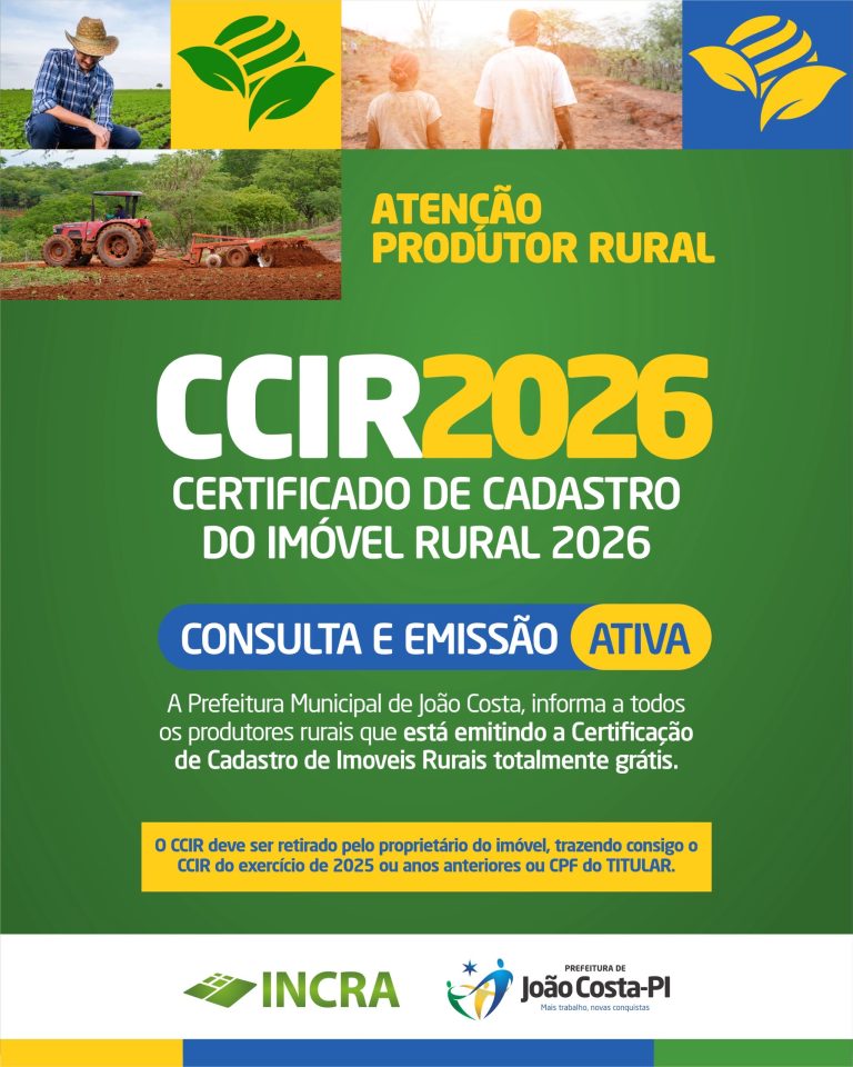 Prefeitura de João Costa emite CCIR 2026 gratuitamente para produtores rurais