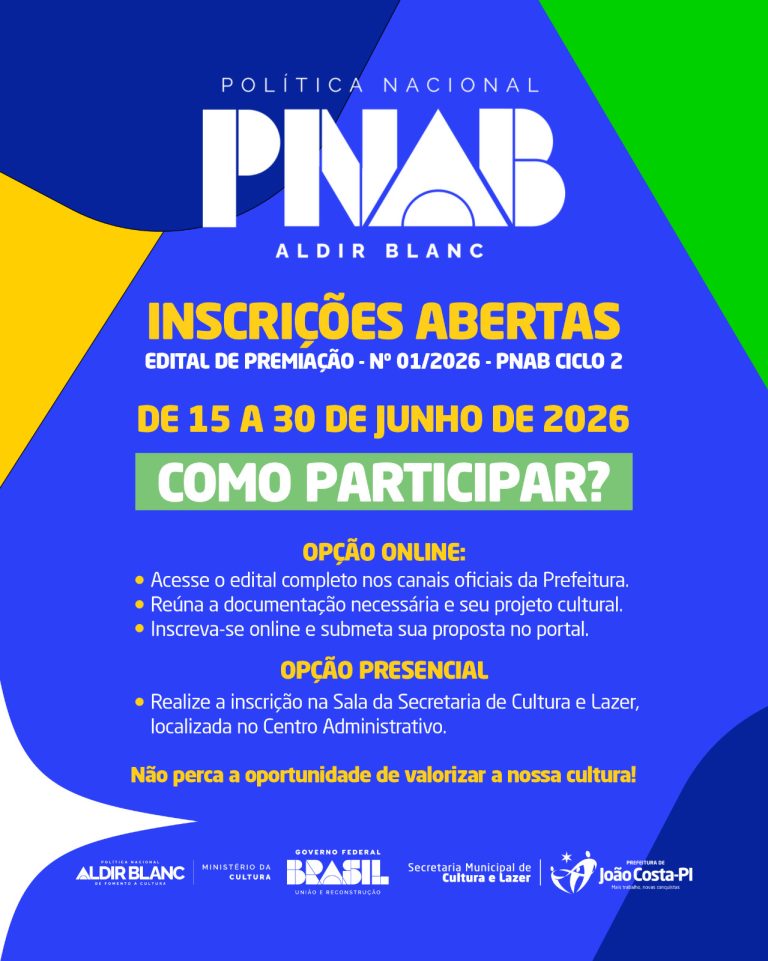 Prefeitura de João Costa abre inscrições para premiação de agentes culturais com recursos da PNAB.